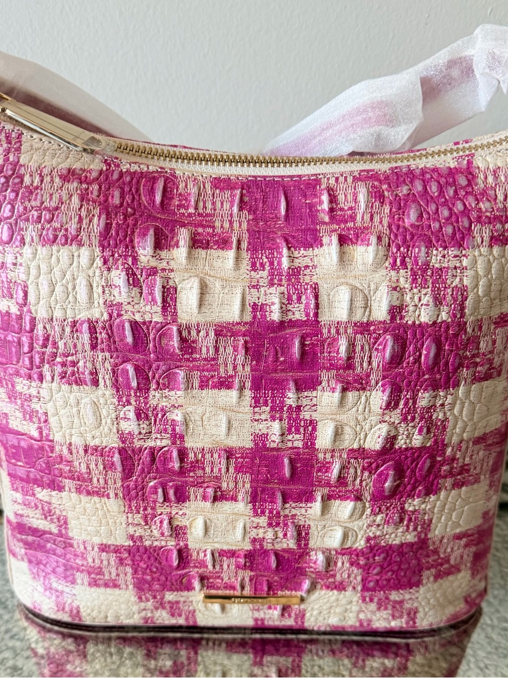 Brahmin Pink and Cream Croc-Embossed Crossbody Bag